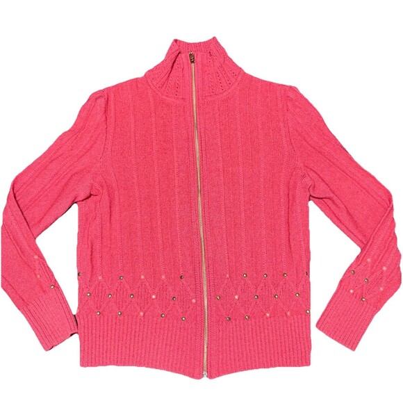 St. John Sport Women’s Petite Pink Full Zip Turtleneck Wool Knit Sweater Lux - Picture 8 of 8